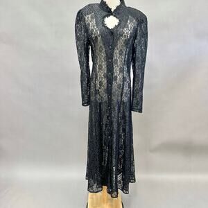 Vintage Black Lace Maxi Dress Gothic Witch Victorian Sheer Heart Cutout Size 14